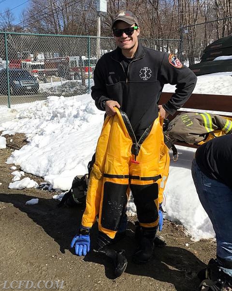 Firefighter Ryan Morrin gearing up for an ice rescue during a training excercise on Lake Carmel 
3/19/17
